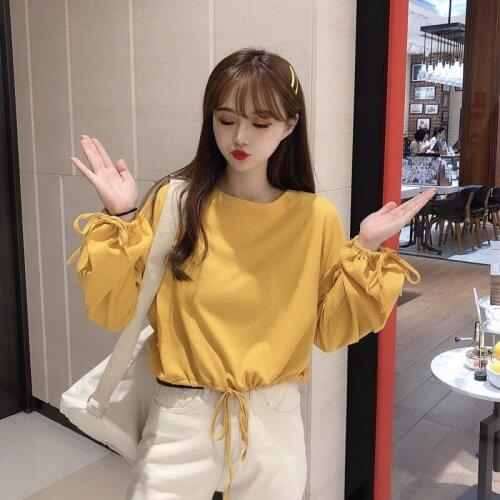 Woman Tshirts Spring Short Strap Long-Sleeved T-shirt Female Loose Crew Neck Top Ropa Mujer Camisetas