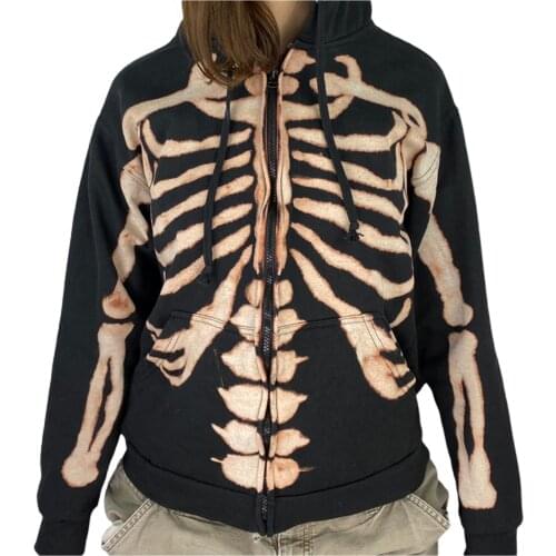 Womens Skull Skeleton Print Hoodies, Long Sleeve Zip Up Loose Hooded Sweatshirts Female