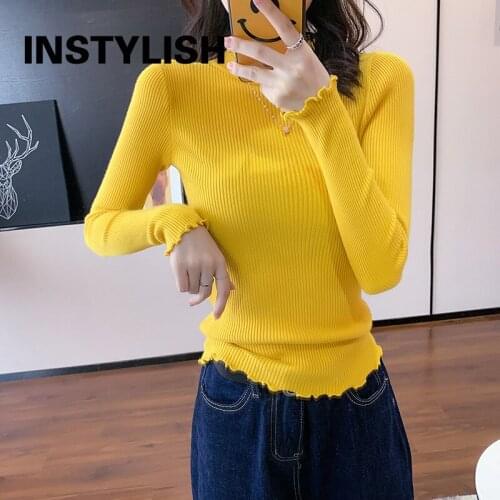 Instylish Women Elegant Wood Ears Long Sleeve Slim Sweater Casual Korean Turtleneck Pullover Vintage Harajuku Knitted Jumper Top