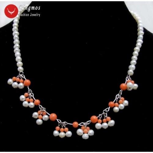 Qingmos Natural Pearl & Coral Chokers Necklace for Women with 5-6mm White Pearl Necklace & 3-7mm Pink Coral 17'' Jewelry nec6322