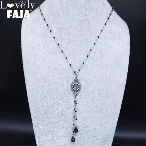 Islam Turkish Eye Zircon Copper Stainless Steel Chain Necklace for Women Black Color Tassel Necklace Jewelry colgante NC4S02