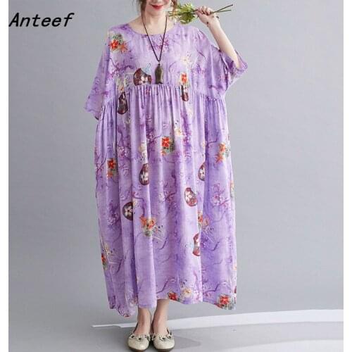Short sleeve cotton linen vintage floral dresses for women casual loose long woman summer dress elegant clothes 2021