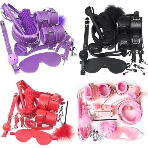10 Pcs/set Sexy Lingerie PU Leather bdsm Bondage Set Hand Cuffs Footcuff Whip Rope Blindfold Erotic Toys For Couples