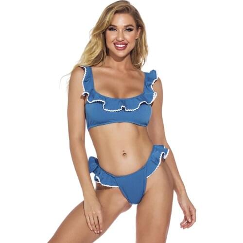 2021 New Lady Swimwear Blue Solid Color Ribbed Ruffle Split Swimsuit Bikini Set Beach Clothes Swimming SW237