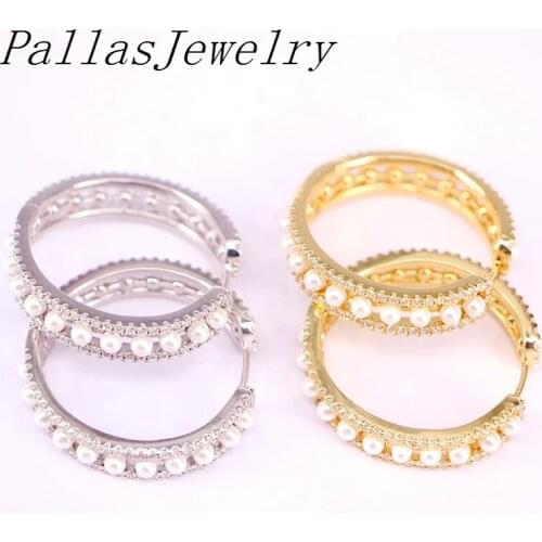 3Pairs, Fashion New women jewelry white pearl bead with cz zircon circle hoop earring Charm
