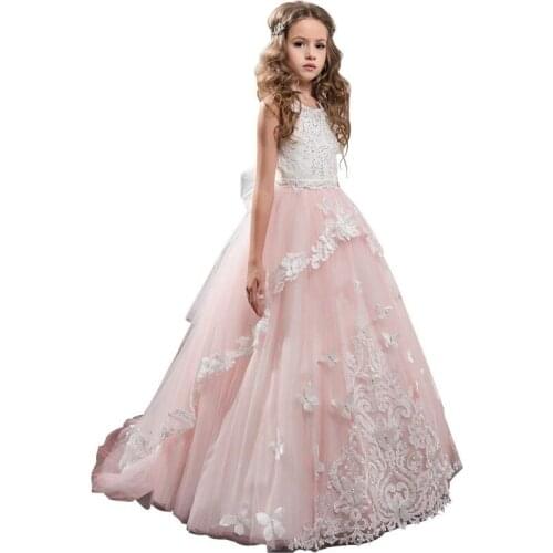 Long girls pageant dresses with bow flower girls dress puffy kids ball gown deguisement enfant fille pink party dresses for girl