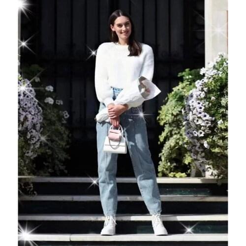 2021 spring new heavy industry hand nailed bead high waist straight tube Sequin jeans special design for womens midline wear