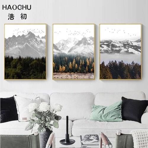 HAOCHU Snow Mountain Bush Forest Bird Art Print Picture Wall Decor Poster Wall Sticker Canvas Painting For Room Nordic Poster