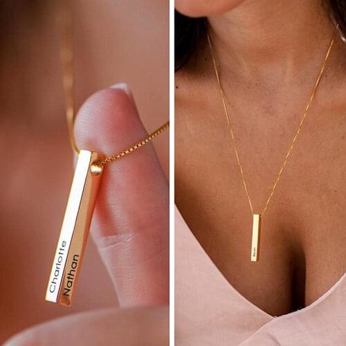 Custom 4-Sided 3D Vertical Bar Pendant Necklace,Personalized Carving Encouragement,Grandmas Blessing,Graduation Gift With Name