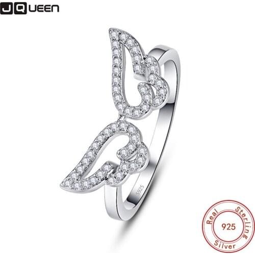JQUEEN Popular Silver Color Sparkling Ring Lovely Romantic White CZ Angel Wings Finger Ring For Women Party Jewelry