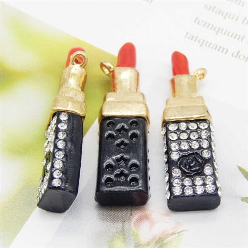 Julie Wang 1PCS Black Lipstick Charms Enamel Red With Rhinestone Zinc Alloy Necklace Pendant Findings Jewelry Making Accessory