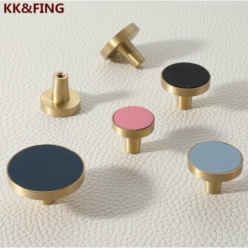 KK&FING Brass Leather Single Hole Knob Simple Cabinet Wardrobe Door Pulls Leather Drawer Handle Furniture Round Hardware Handle