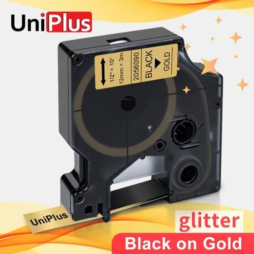 UniPlus Black on Glitter Gold Shiny Label Tape Replace Dymo Label Printer 12mm*3m Tape for Dymo Label Maker D1 Machine LP150 250