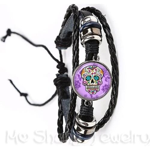 Mexico Candycolor Skeleton Bracelet Glass Dome Bohemia Black/Brown Leather Bangle Trendy Jewelry Day of the Dead Gifts