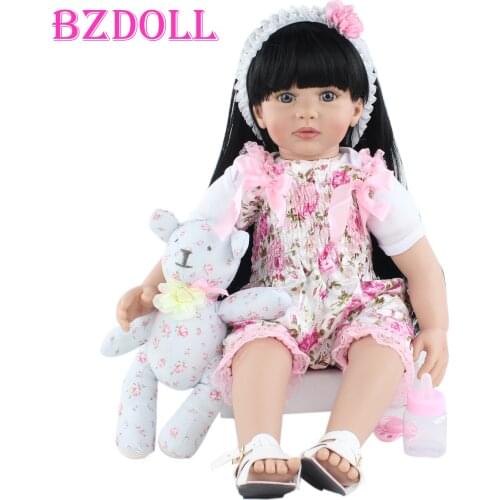 60cm Soft Silicone Reborn Toddler Baby Doll Toys For Girl Black Long Hair Princess Bebe With Bear Plush Kids Birthday Gift