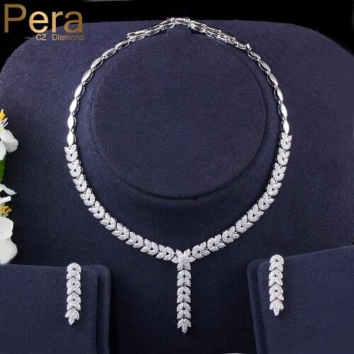 Pera Elegant Sparkling White Cubic Zirconia Long Dangling Leaf Necklace Earrings Wedding Jewelry Set for Brides Party Gift J317