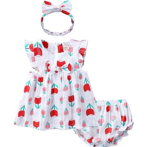 Sleeveless dress floral+shorts+headband summer kid girls outfit children clothes Toddler baby Dresses set boutique cotton red