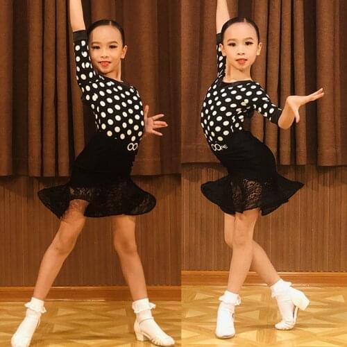 Latin Dance Dress Kids Girls Short Sleeve Practice Wear Black Lace Latin Dance Skirt American Clothing Gatsby Salsa Dress BL4164