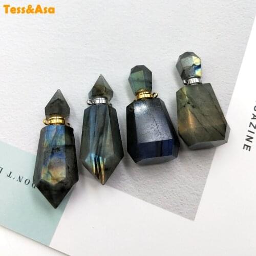 3pcs Natural Gems Bottle pendant Labradorite Perfume Women Crystal Bottle Essential Oils Diffuser Shiny Gems Charm For Necklace