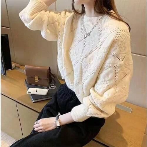 Hollow loose knit sweater, wear womens pullover, western style 2021 autumn and winter fashion new casual solid color top