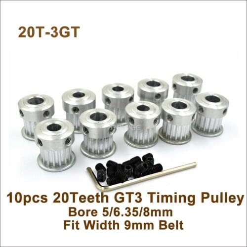 POWGE 20 Teeth 3GT Timing pulley Bore 5/6.35/8mm Fit 3GT Timing Belt W=9mm 20T 20Teeth GT3 Timing Belt Pulley 20-3GT