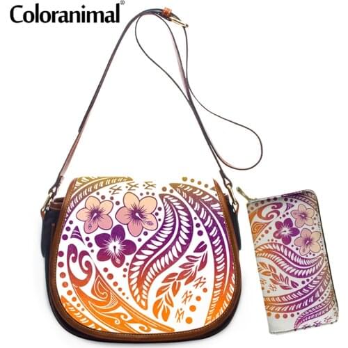 Coloranimal New Style PU Leather Crossbody Bag With Hasp Polynesian Tropical Hibiscus Prints Girls Shoulder Bag 2Set Tote Bolsa
