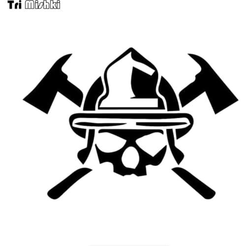 Tri Mishki HZX1142# Helmet Axe Skull fire fighter car sticker funny Vinyl Decals Motorcycle Accessories Stickers