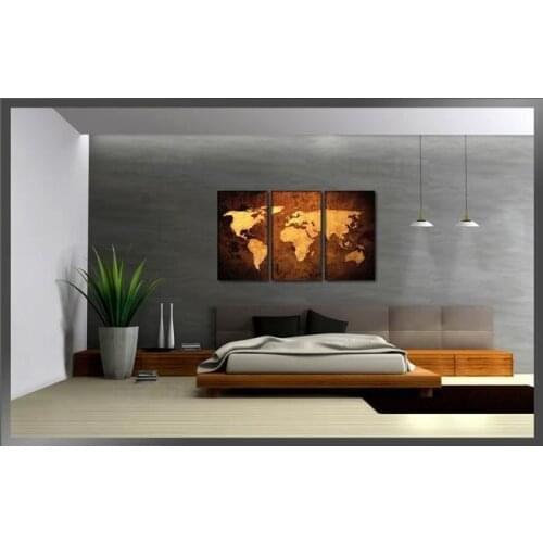 Triptych Print - World Map Home Decoration Unframed Golden World map print on canvas triptych paintings WorldMap home Decor