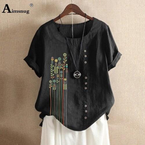 Women Elegant Tshirt Patchwork Fake Button Linen Tops Summer Floral Print Casual Shirt 2020 Ladie Plus Size 5xl Loose Tee Shirts