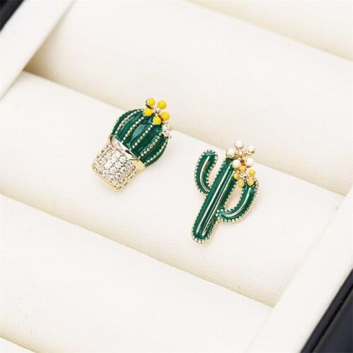 2021Fashion Plant Enamel Earring Stud Summer Style Womens Jewelry Accessories Lovely Asymmetry CZ Cactus and Flower Earrings