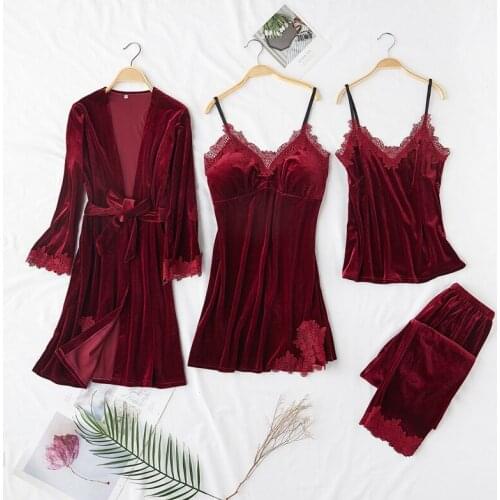 Gold Velvet 4 Pieces Warm Winter Pajamas Sets Women Sexy Lace Robe Pajamas Sleepwear Kit Sleeveless Nightwear