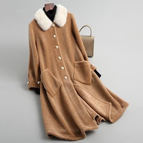 Women Real Wool Coat Natural Mink Fur Collar 2020 New Korean Long Sheep Shearing Coats Winter Jacket Female 18164-1