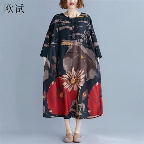 Plus Size Vintage Floral Dress Women Autumn Long Sleeve Flower Ladies Dresses Satin Black Elegant Casual Woman Dess Fall 2019