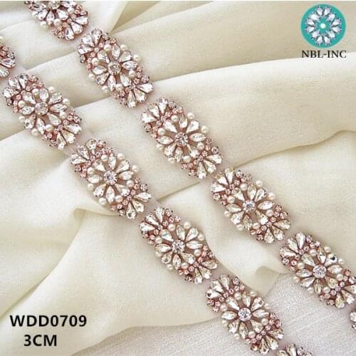10 YARDS)Wholesale bridal beaded rose gold pearl crystal rhinestone applique trim iron on for wedding dresses WDD0709
