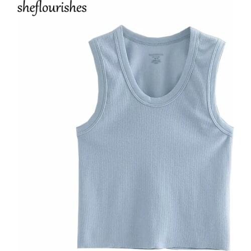 Vintage tank tops women summer 2021 sleeveless crop top u neck knit tops casual white cropped top blue basic tank tops ribbed