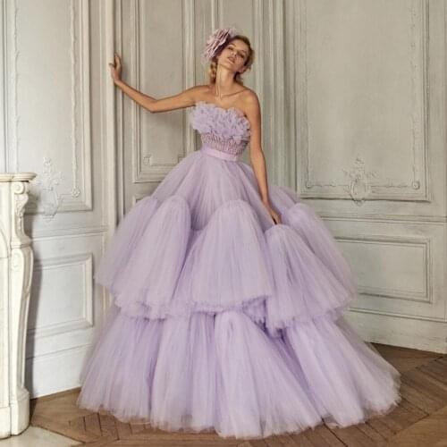 2021 Lavender Strapless Prom Dresses Ruffles Tiered Tulle Floor Length Elegant Evening Gowns Custom Made Vestidos Longo