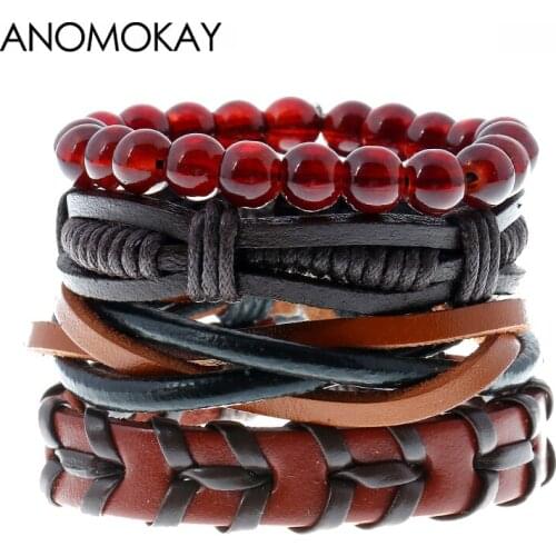 4 PCS/SET Vintage Multiple Layers Leather Wrap Bracelet Set for Men Women Handmake DIY Wood Beads Rope Strap Bracelets Pulseras