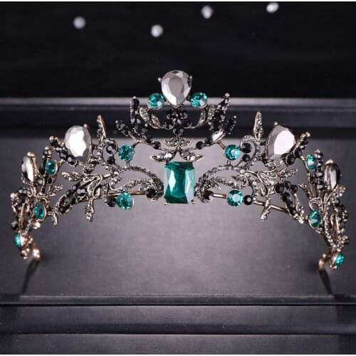 Baroque Vintage Crowns Green Black Crystal Tiaras Crowns Wedding Bridal Diadems Queen Pageants Hair Accessories Women Jewelry