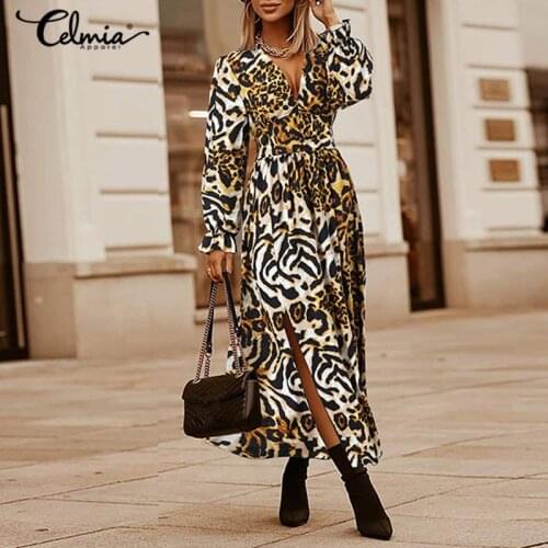 Celmia Women Sexy Split Hem Leopard Print Dress 2021 Spring Deep V-neck Long Dress Vintage High Waist Flare Sleeve Vesitdo 7
