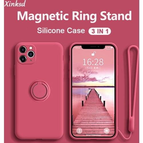 Luxury Soft Liquid Silicone Case For iPhone 11 Pro Max XR XS X 7 8 6 S 6S Plus SE Stand Ring Holder Slim Thin Hands Strap Cover