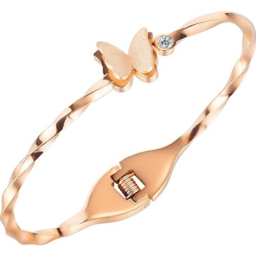 CYUE Wholesale European Rose Color Butterfly Stainless Steel Bangle With AAA Zircon For Women Fashion Punk Jewelry Gift B017