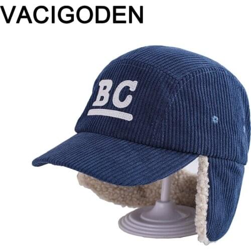VACIGODEN Children Winter Corduroy Baseball Hat with Earflaps Boy Thicken Ear Protection Cap Girls Letter Patch Keep Warm Gorras