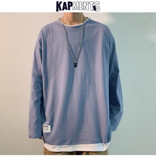 KAPMENTS Men Kpop Solid Patchwork T-shirts Long Sleeve 2021 Cotton Mens Japanese Streetwear Tshirts Male Colorful Casual T Shirt