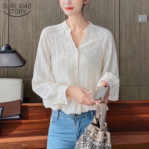 Korean V-neck Chiffon Shirt Fashion Casual Shirts Women Cardigan 2021 Autumn Blouses Women Slim Fit Clothes Ladies Tops 10625