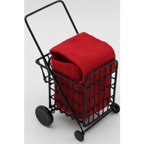 Dollhouse Miniature Metal Shopping Cart with Red Bag Kids Pretend Play Toy