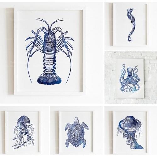 Undersea Animals Print Hampton Style Hampton Art Indigo Ink Navy Blue Nautical Coastal Nautical Art Canvas Wall Art