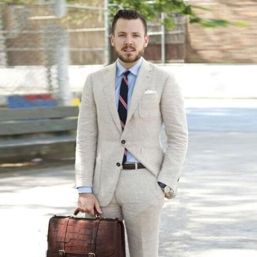 2019 Beige Linen Men Suits for Wedding Beach Custom Made Groomsmen Suit Slim Fit Best Man Blazers 2 Pieces Jacket Pants Ternos