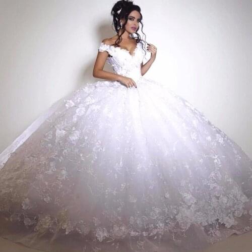 2020 New Muslim Lace Wedding Dresses V neck Flowers Ball Gown Tulle Luxury Bridal Gowns Vestido de Noiva