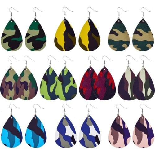 2021 New European American Army Green Camouflage Color Earrings Drop-shaped Earrings Double-sided Printing Pu Leather Earrings