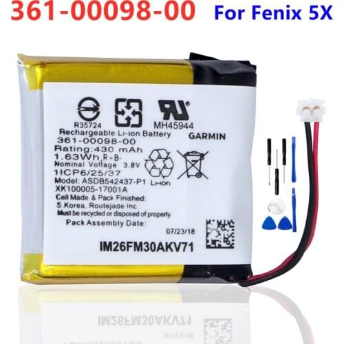 Original Watch Battery 361-00098-00 For Garmin Fenix 5X Replacement Battery 430mAh + Free Tools